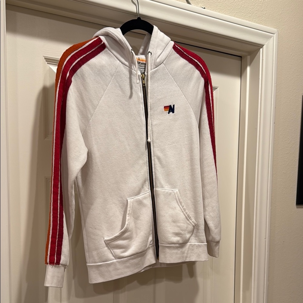 Aviator Nation White Jacket with Red and Orange Stripes